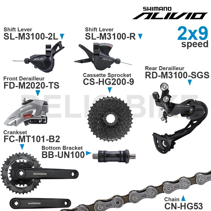 SHIMANO ALIVIO M3100 2x9 Speed Groupset with  Shifter REAR and M2020 Front  DERAILLEUR HG200 Cassette Sprocket COG Chains