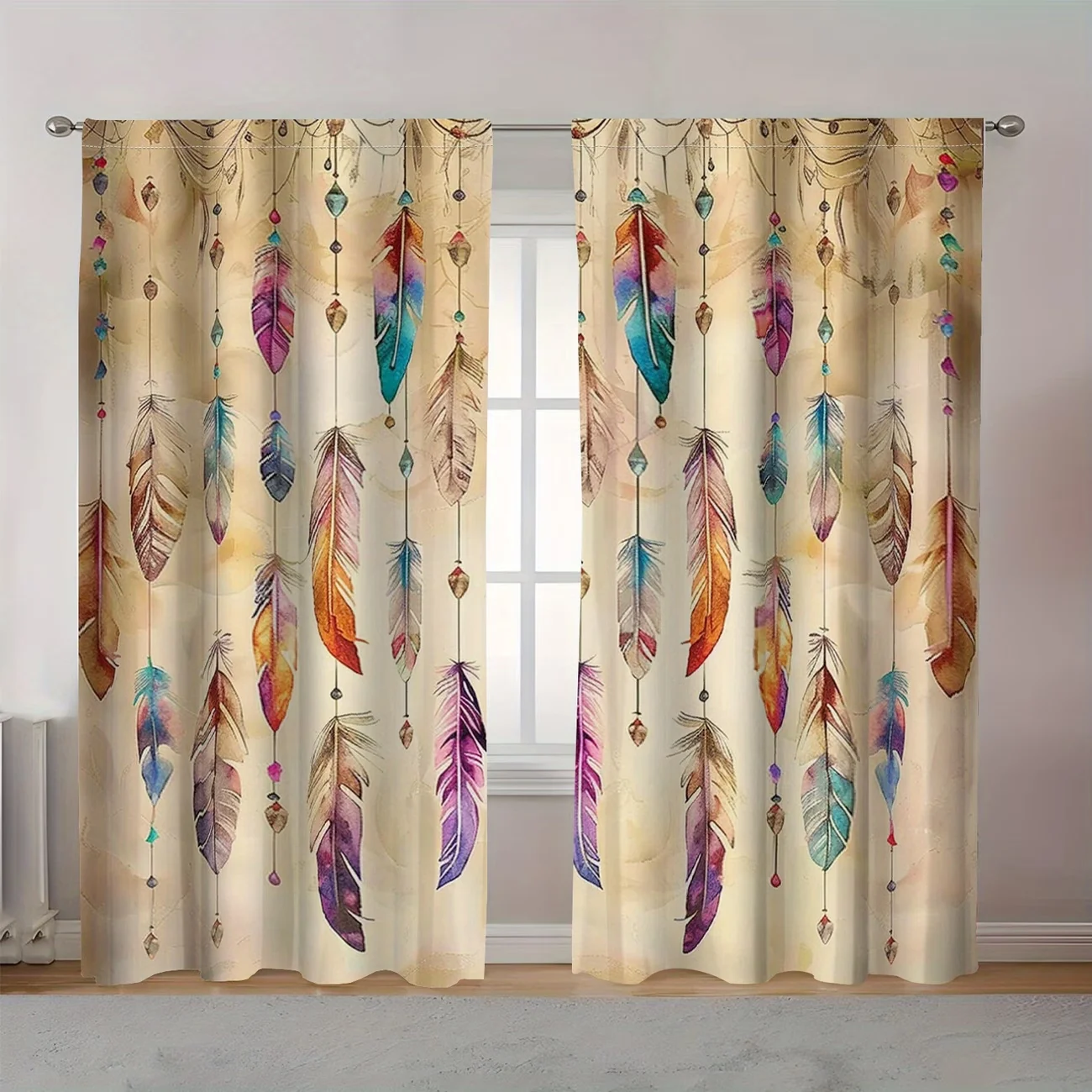2PC Watercolor Feather Curtains - Boho Dreamcatcher Print Window Drapes for Bedroom Living Room Decor
