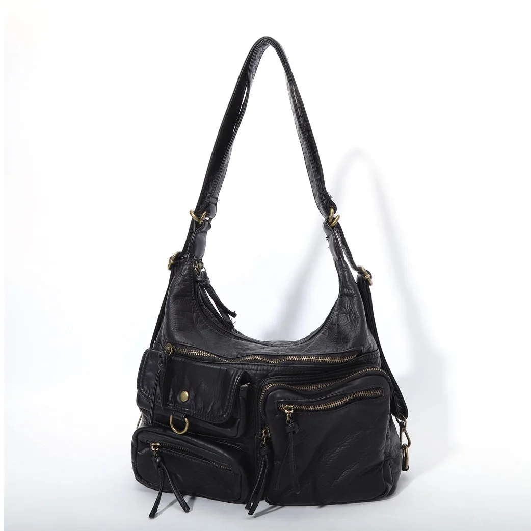 Women's Bag Large PU Shoulder Bag Fashion Top-handle Vintage Black Dyeing Dumpling Pack Multi-pockets Crossbody Bag