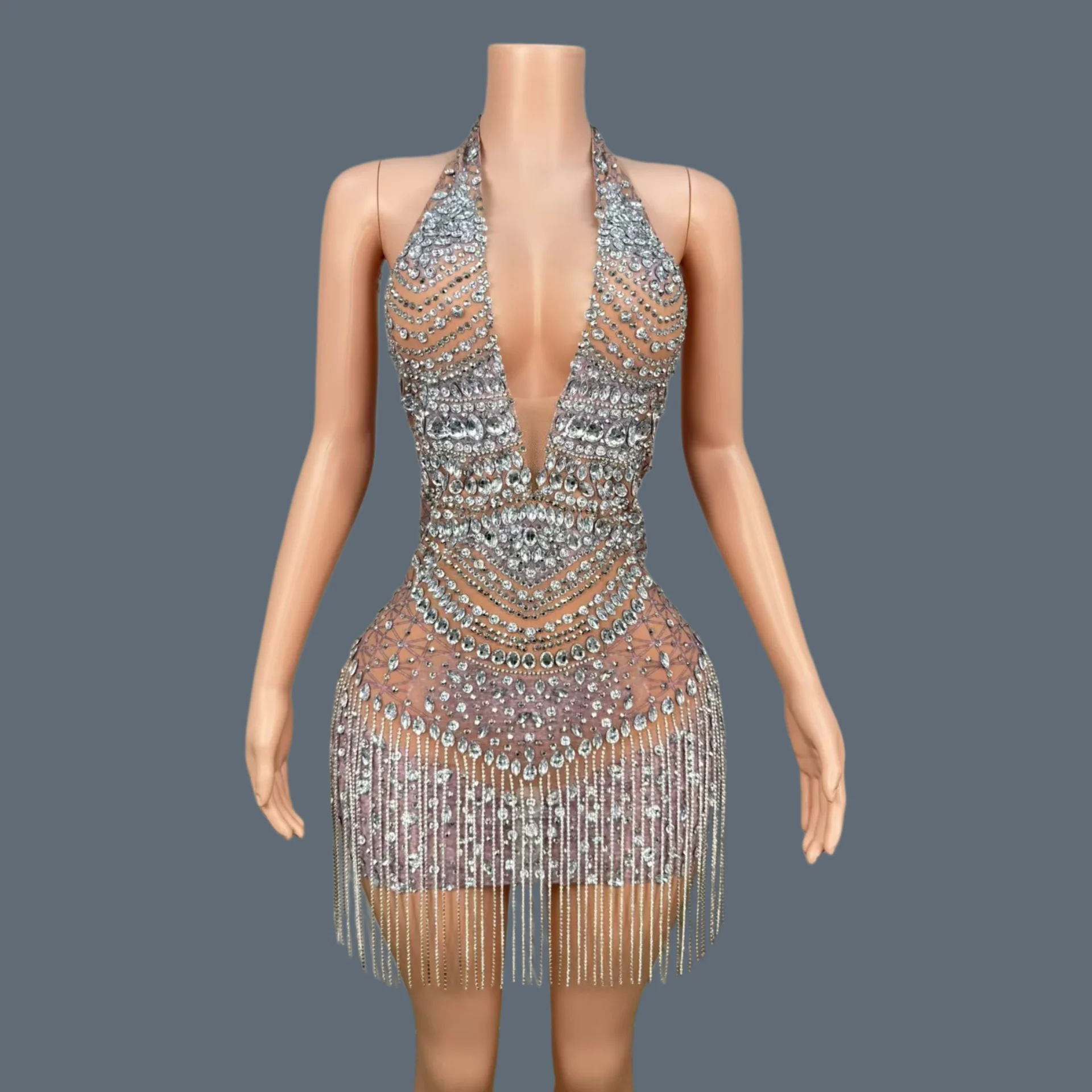 

Sexy Women Dance Show Dress Luxury Deep V Neck Crystals Cocktail Dress Chain Prom Outfit Nightclub Glamorous Mini Dress Jiaoshi