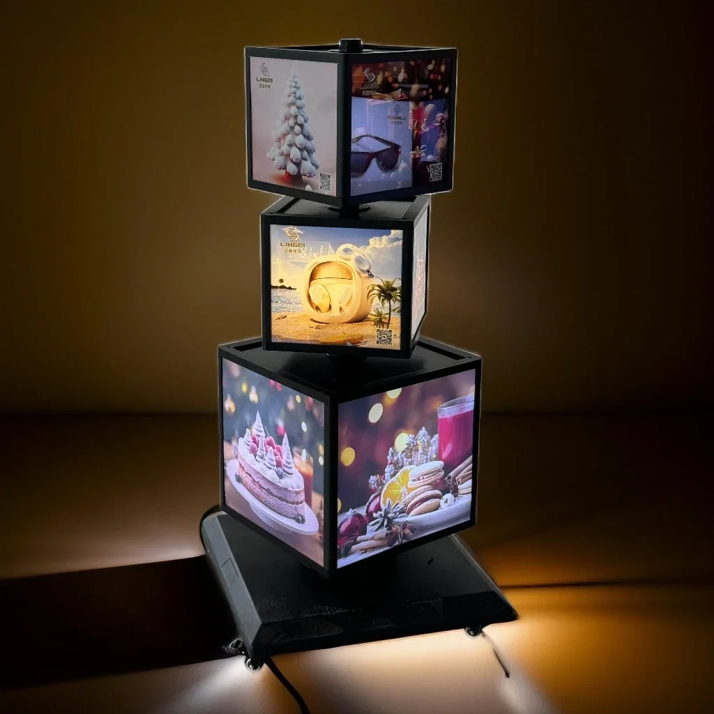 Lingqi Counter display rotating LED light box acrylic square cube for indoor advertising and product photography