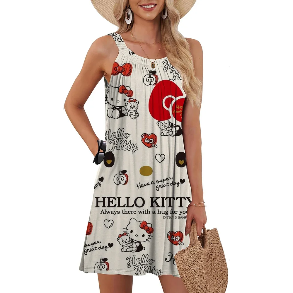 Mouwloze hemdje-swingjurk voor dames, casual en los, comfortabel, mode, Hello Kitty, lange feestmode, strandjurk