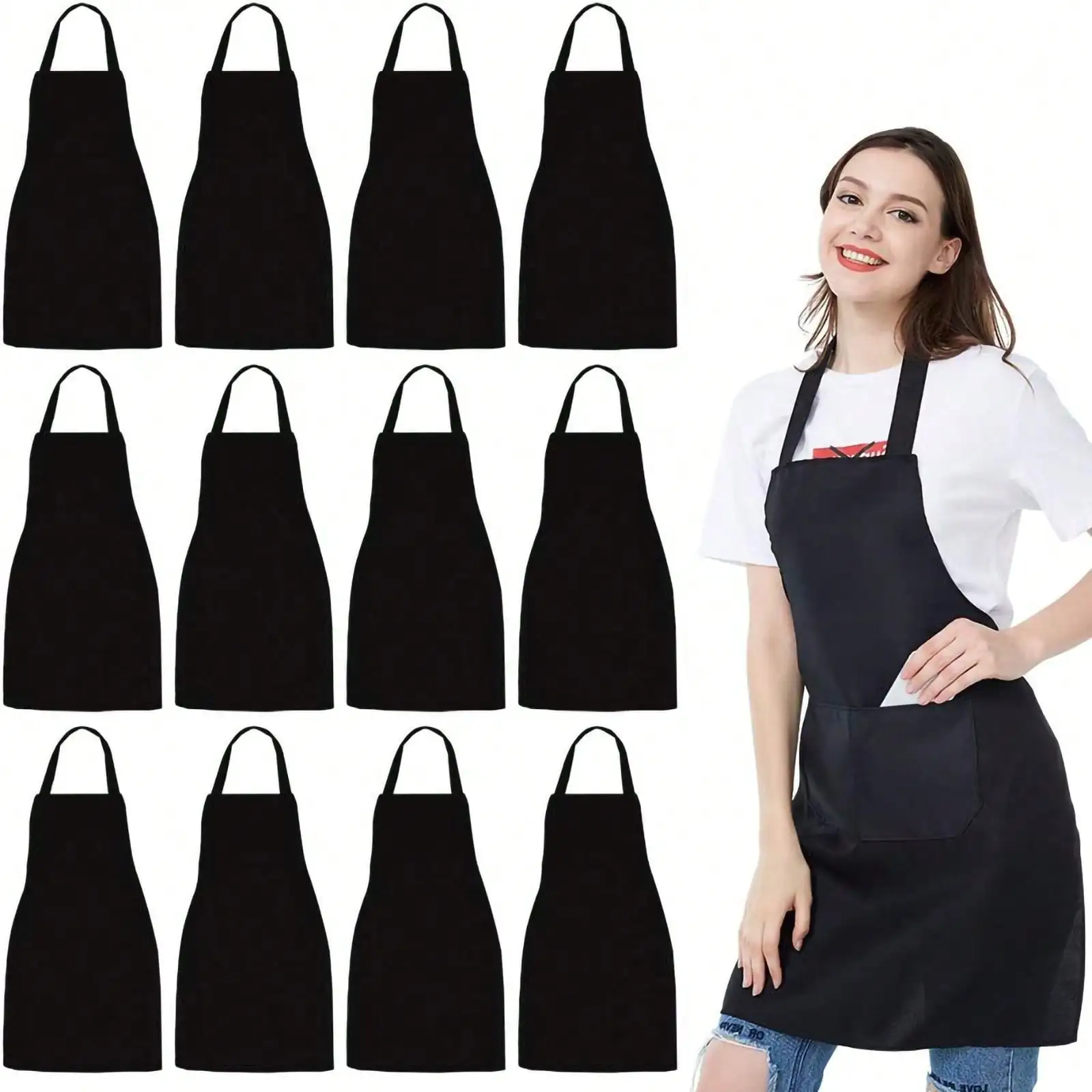 

12 Pack Bib Apron,Unisex Black Commercial Apron With 2 Pockets,Unisex Black Plain Aprons With Long Ties,Kitchen Cooking Aprons For Women Men Chef,Painting BBQ Grilling Baking Restaurant,Machine Washable