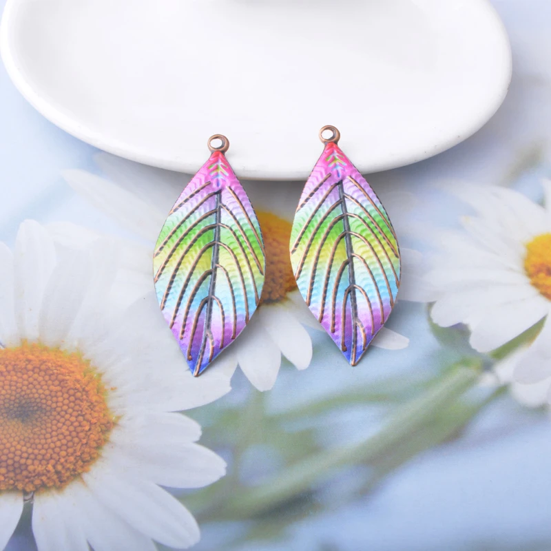 10 Stück/Set Ethnische Eisen-Feder-Blatt-Muschel-Anhänger für Schmuckherstellung Boho Großer Anhänger DIY Damen-Ohrringe – Detail 7
