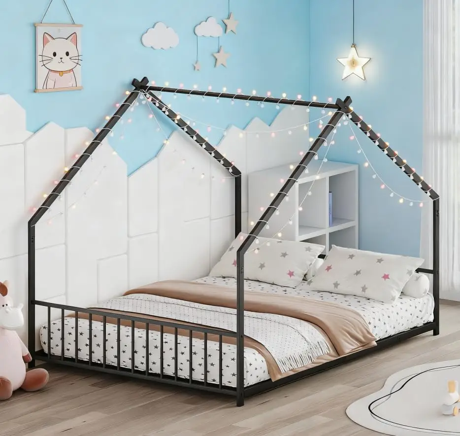 

Full Size Montessori Floor Beds with Slats for Kids, Metal Full House Bed for Kids, Black with Slats and Lights, Customized