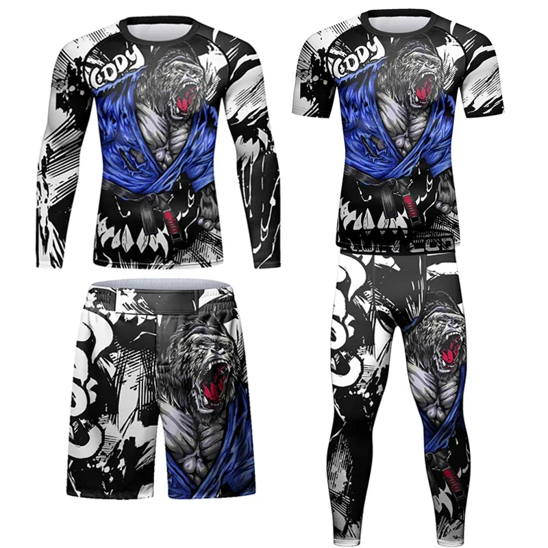 MMA Boxing Muay Thai Compression Set Tracksuit Men Running Rashguard T-shirt+Shorts Sportswear Workout Gym Clothing Sport Suit