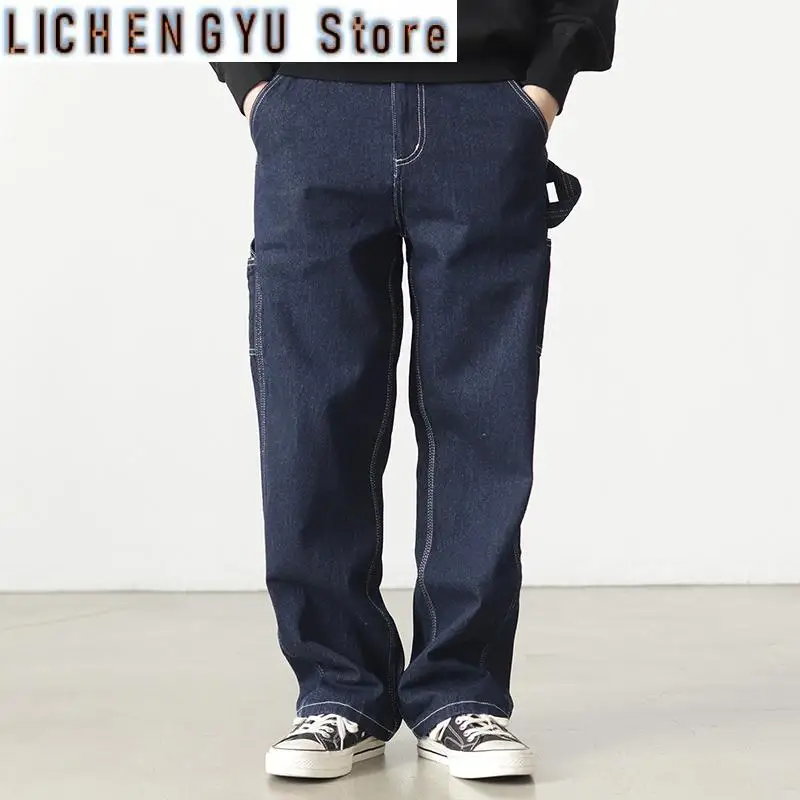 

Spring New American Retro Denim Carpenter Cargo Jeans Men's 100% Cotton Washed Loose Casual Multi-pocket Straight Pants