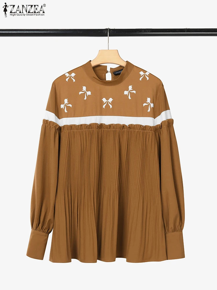 

2025 Stylish Women Long Sleeve Printed Tops ZANZEA Elegant Shirts Pleated Work Blusas Muslim Blouses Ramadan Loose Abaya Kaftan