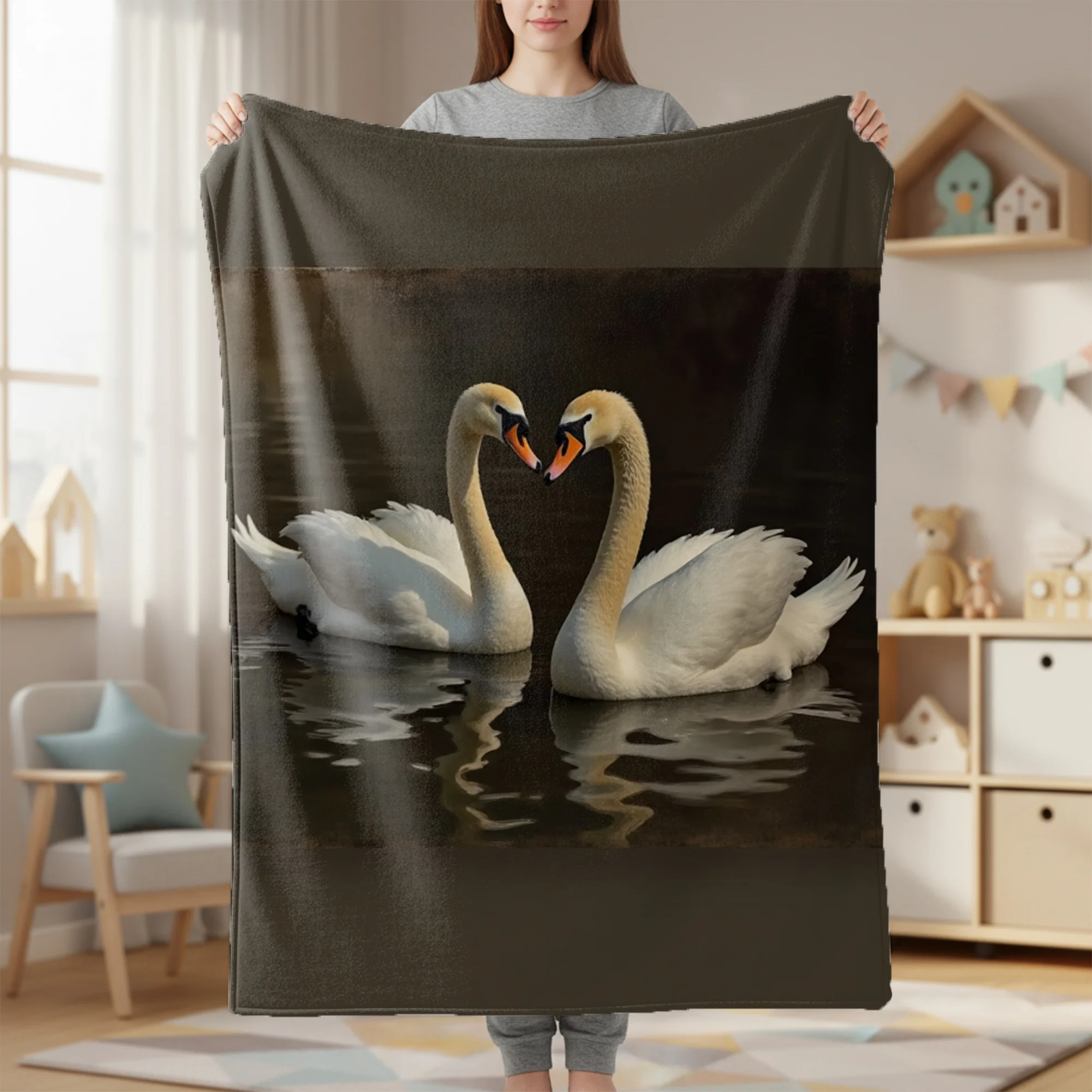 Romantic Swan Heart Flannel Throw Blanket, Elegant White Swans on Dark Water with Impressionistic Art, Soft 280 GSM Machine Washable Home Decor for All Seasons, Ideal Gift for Anniversaries And Cozy Living