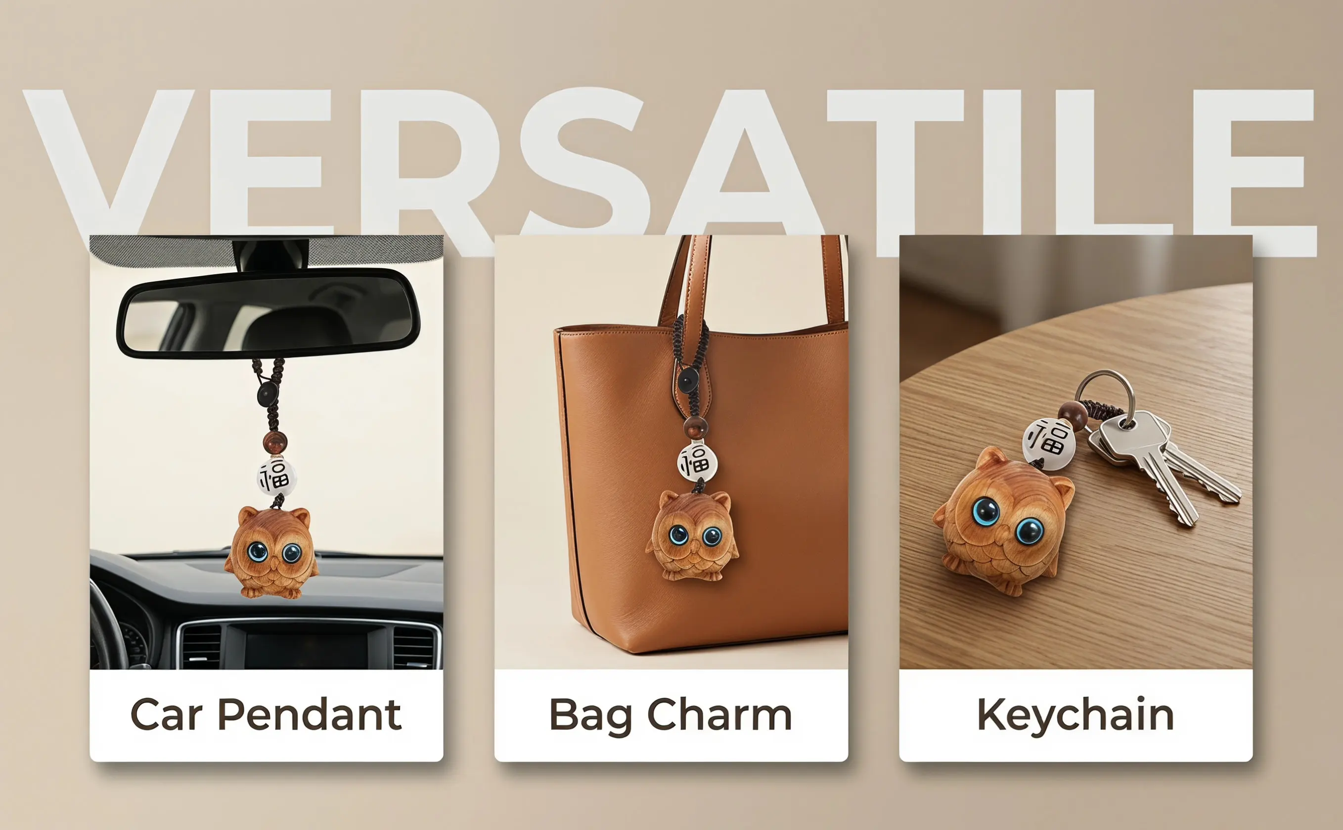 Wooden Car Key Keychain Holder For Bag Pendant Decoration Christmas Stocking Stuffers Owl Hand-carved view 6
