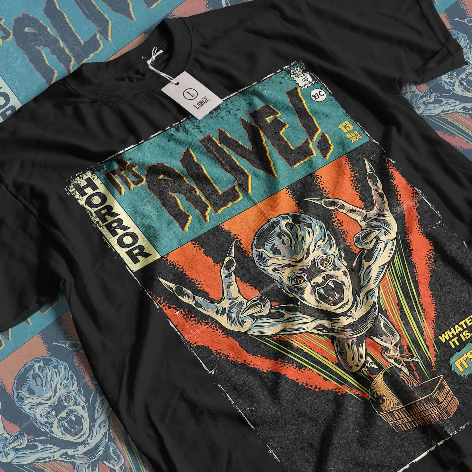 النمط الجمالي "إنه لا يزال على قيد الحياة" تي شيرت ريترو فيلم رعب نمط التي شيرت مطبوعة نمط تي شيرت كهدية لمحبي الأفلام