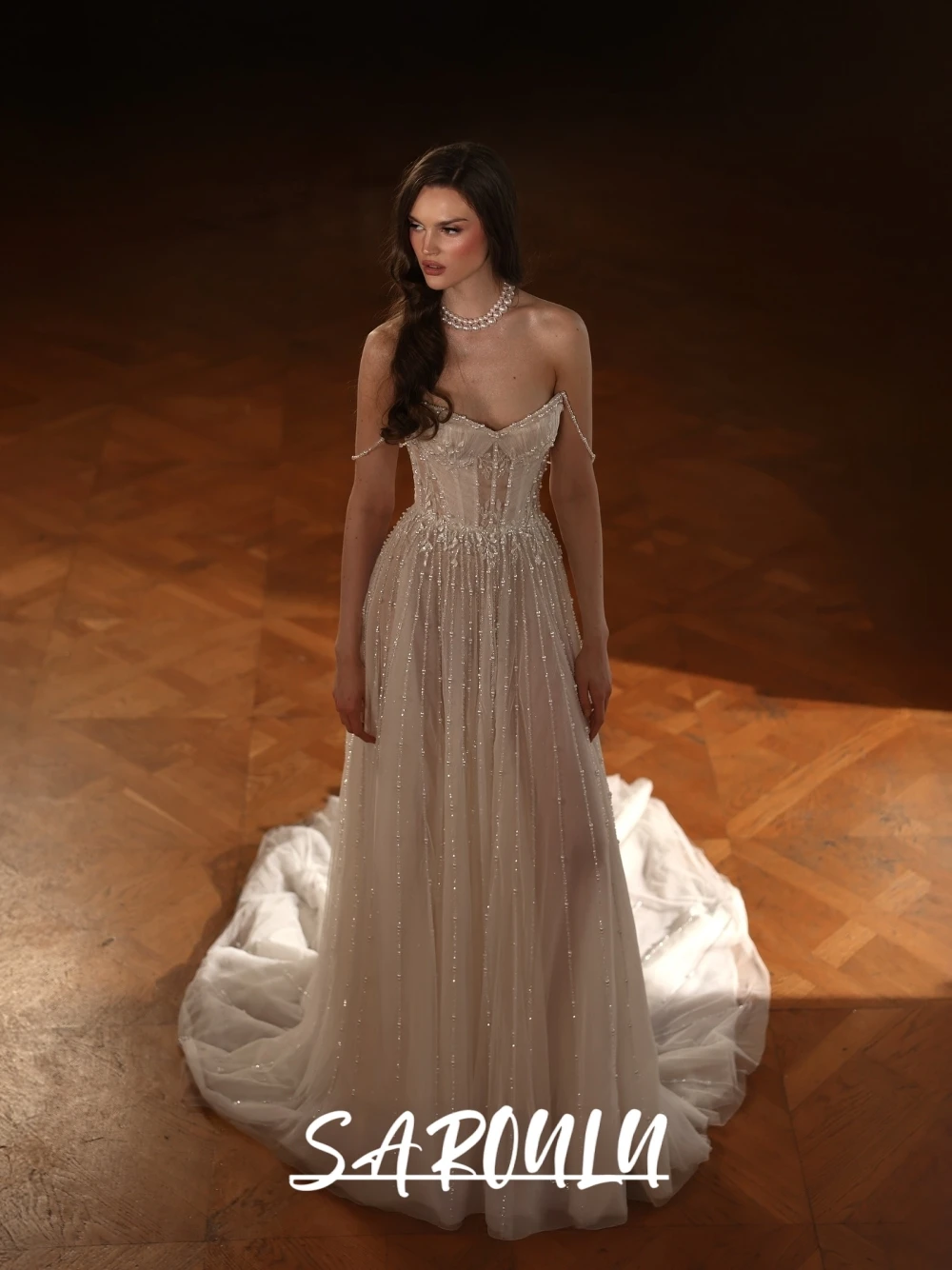 

Boho Chic Sheer Tulle Shiny Wedding Dress With Delicate Beading Pearls Romantic Illusion A-Line Gown For Beach & Garden Weddings