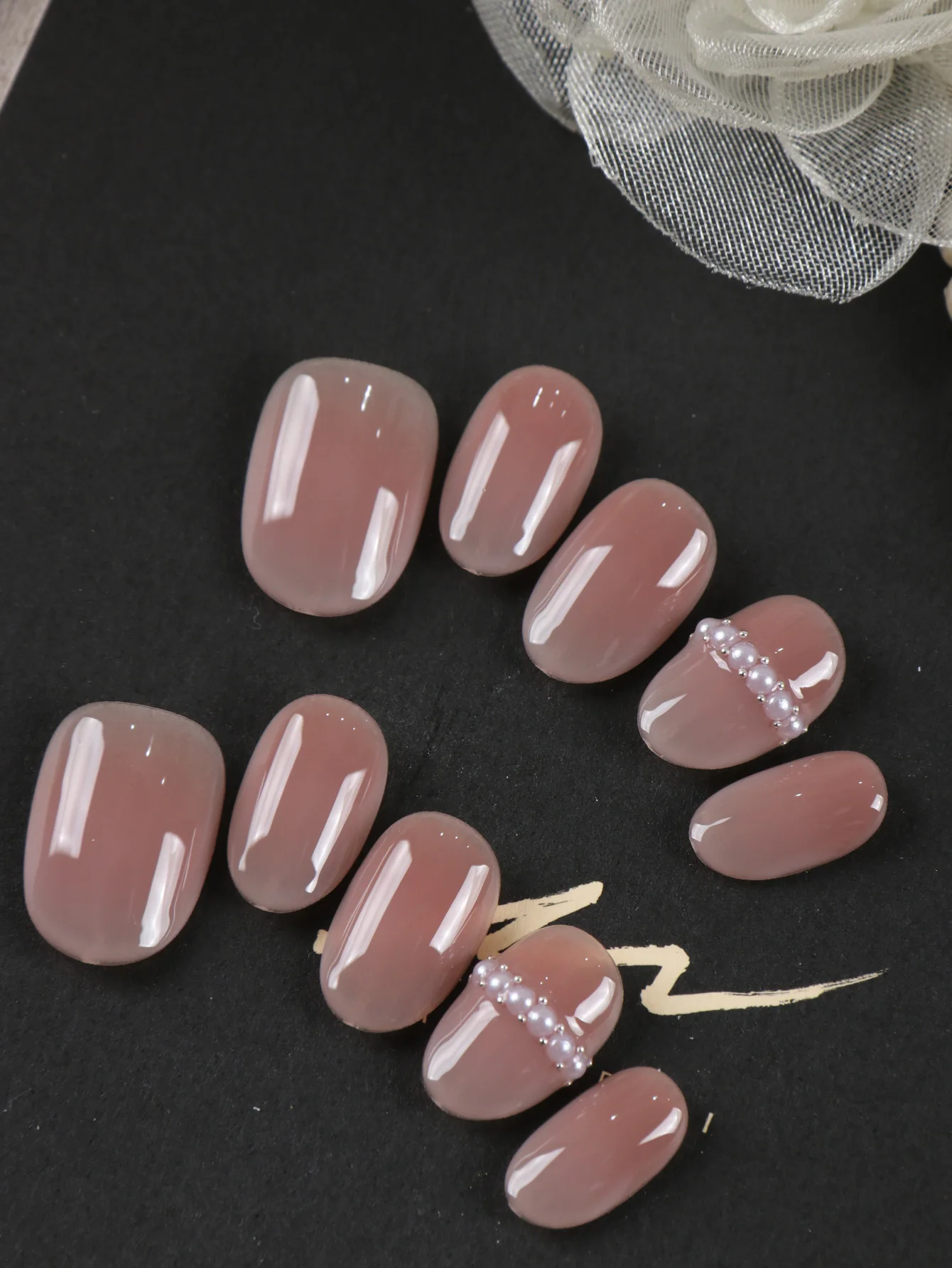 10Pcs Press on Nails Short Pink Princess Style Pearl Press on Fake Nails Includes 1 Sheet of Adhesive Tabs & 1 Pc Mini File