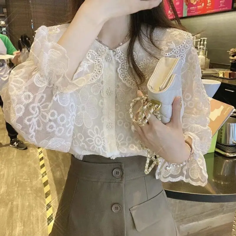 2023 Spring Summer French Lace Print Solid Color Women Shirts Blouse Chic Doll Collar Retro Button Long Sleeve ShirtsTops Tide