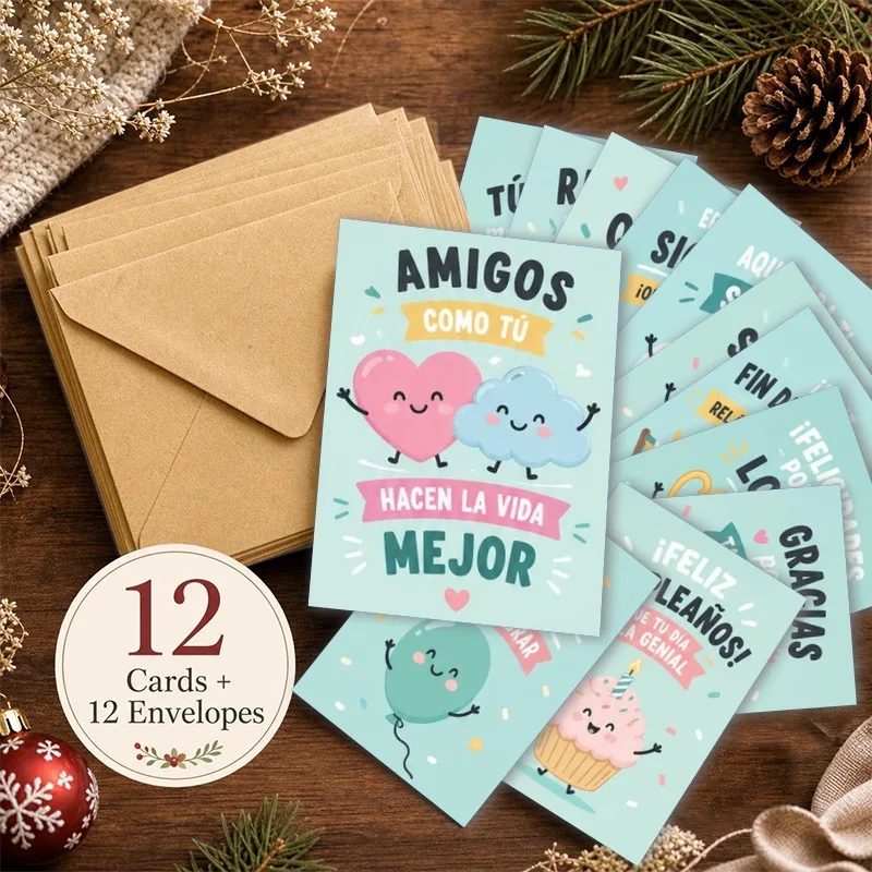 12 Spanish Funny Greeting Cards Bulk with Kraft Envelopes, All Occasion Blank Cards for Holiday Birthday Wedding Thank You