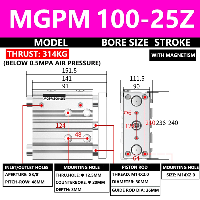 ABILKEEN MGPM Series Pneumatic Compact Guide Cylinder MGPM100-25Z 100MM Bore X 25MM Stroke Three Axis Three Rod Air Cylinder