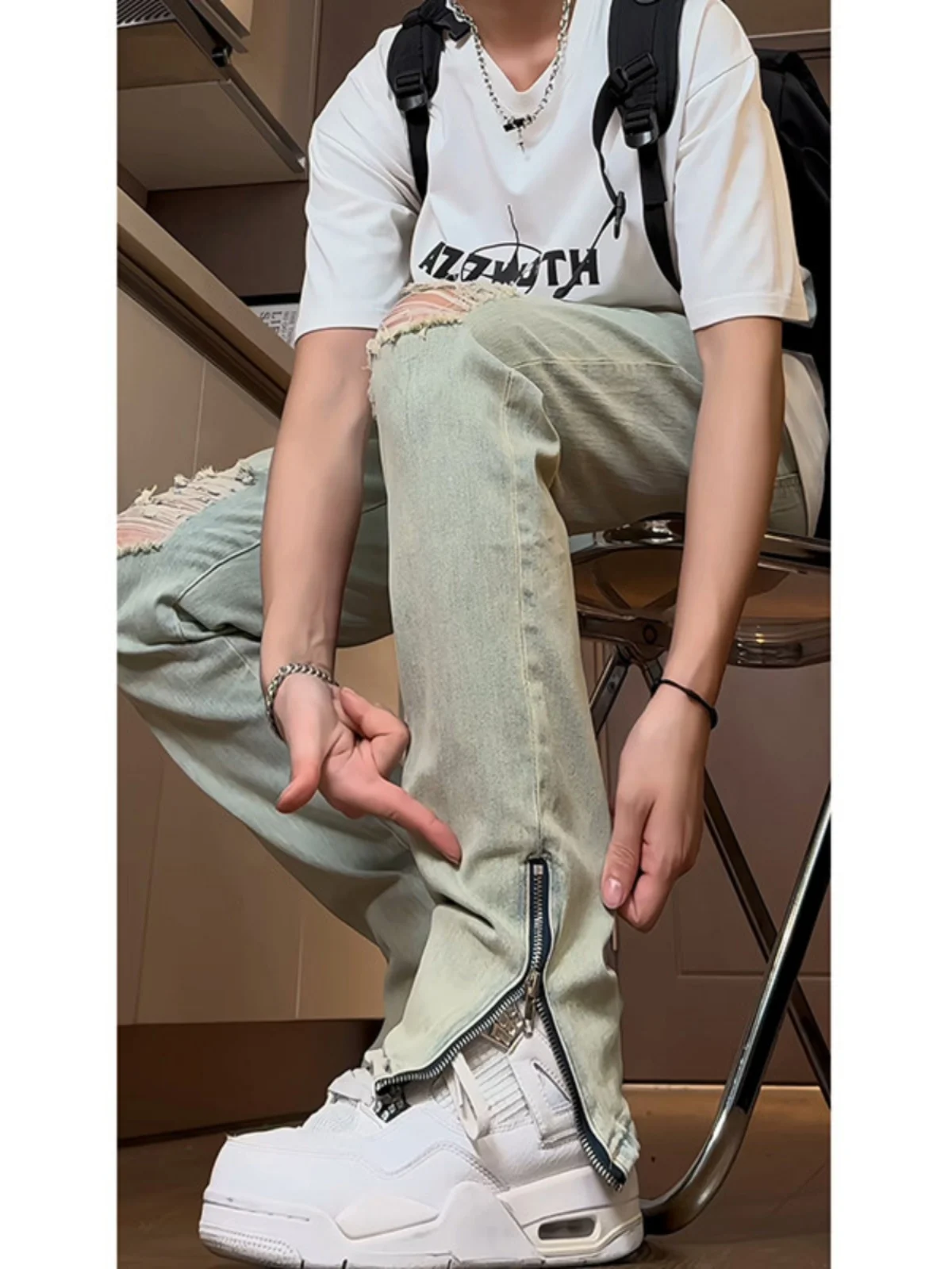 

Мужские джинсы в американском ретро-стиле, желтые, с эффектом потертости и дырками, зауженные, прямые, слегка расклешенные, длинные брюки, крутые летние штаны