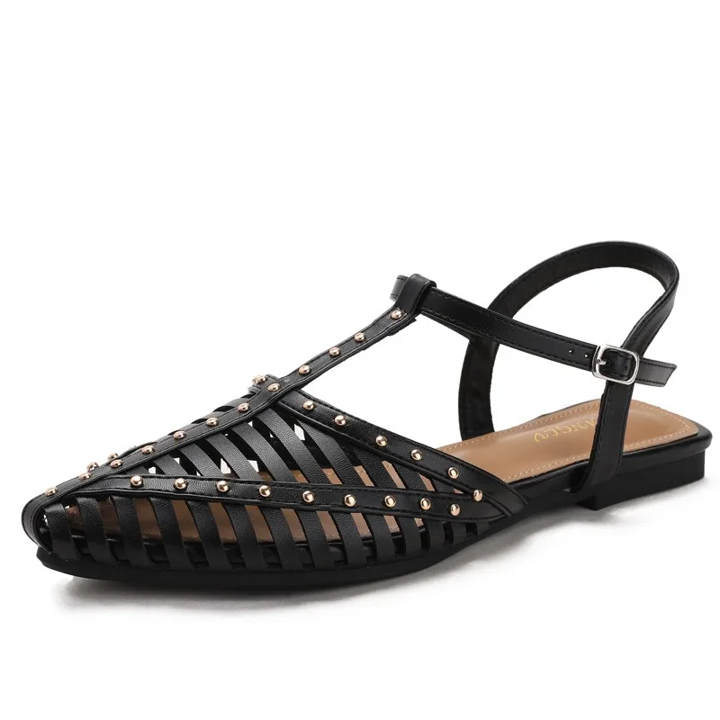 Women Sandals Summer Breathable Hollow Out Sandals Vintage Rivet Roman Sandals Fashion One-word Buckle Sandal Sandalias De Mujer