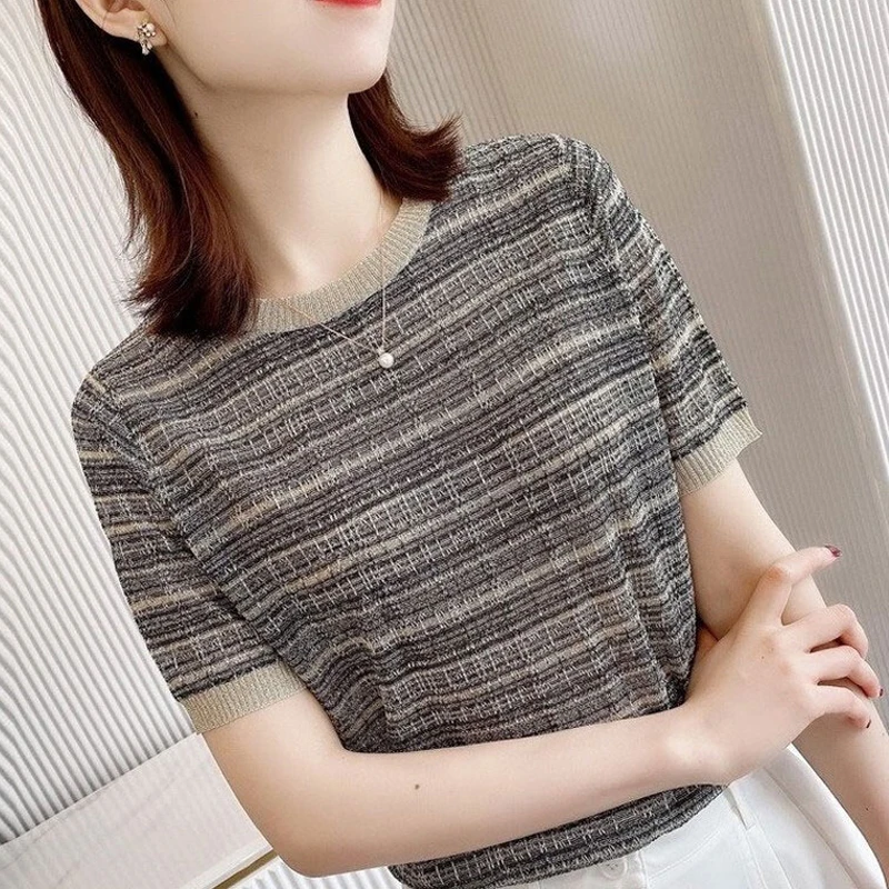 2024 Summer Women Stylish Elegant Striped Ice Silk Knitted T-shirt Casual O Neck Short Sleeve Slim Chic Basic Tops Ropa De Mujer