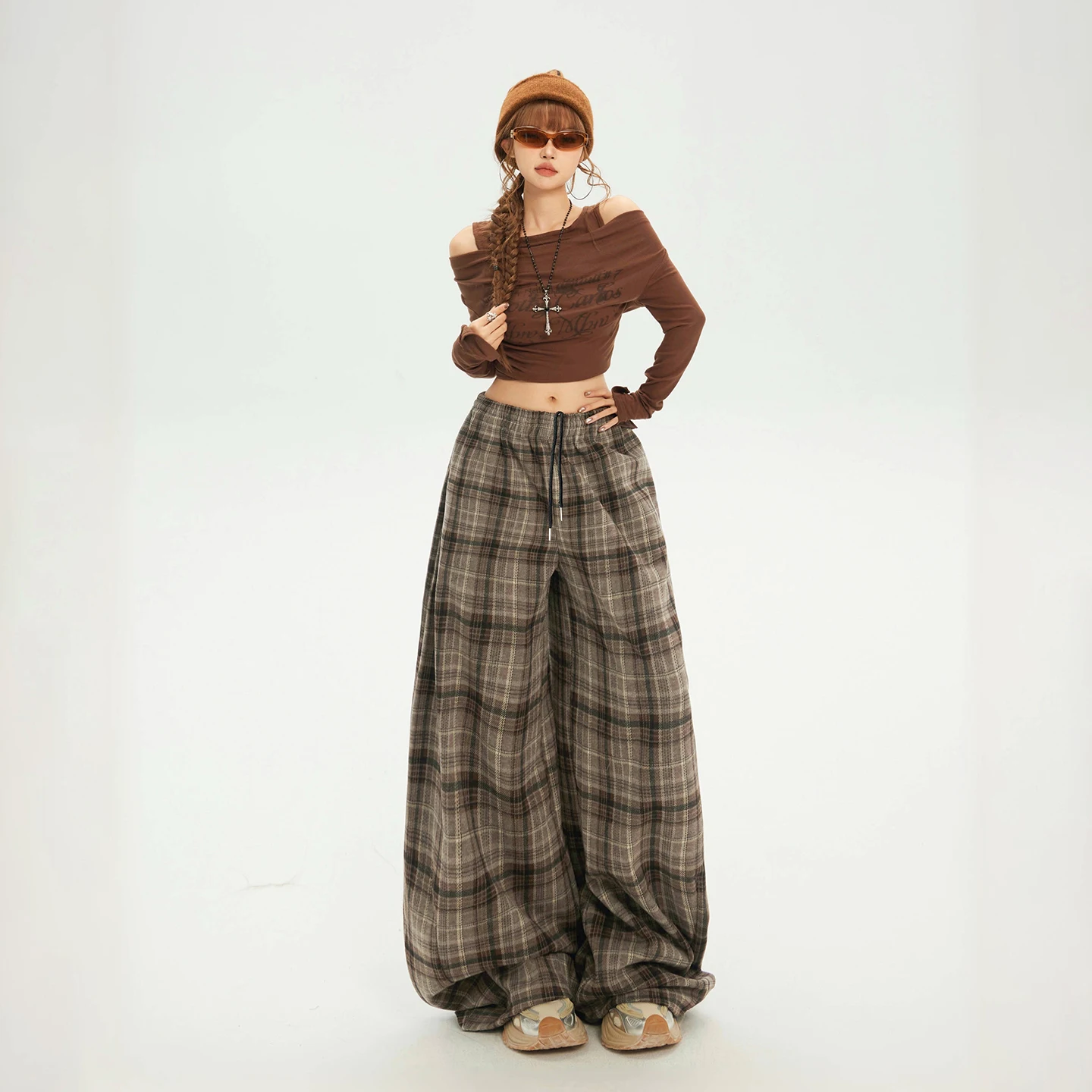 American Retro High Waist Wide Leg Pants Plaid Drawstring Drapey