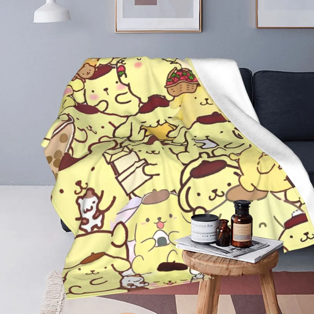 Sanrio Kawaii Pom Pom Purin Blankets Fleece Printed Portable Warm Throw Blankets for Sofa Car Plush Thin Quilt