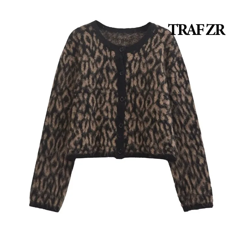 TRAF ZR Cozy Sweaters Y2k American Retro Knit Cropped Cardigan Long Sleeve Sweaters Harajuku Vintage Leopard Print Cardigan