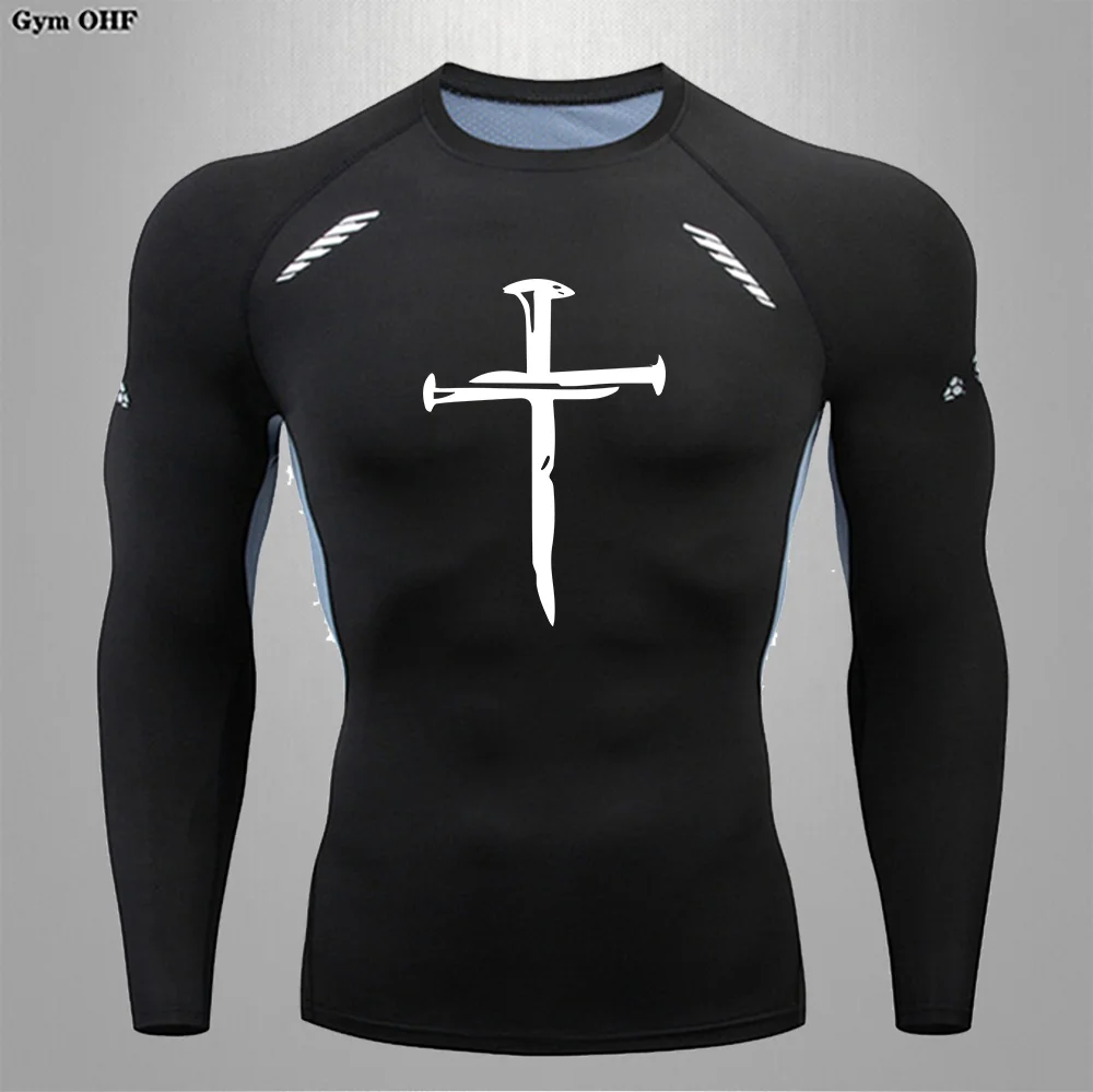 Men's compression shirt Cross print Gym Sport Quick drying Gym T-shirt Fitness Sport Undershirt Elastic top T-shirt Summer men