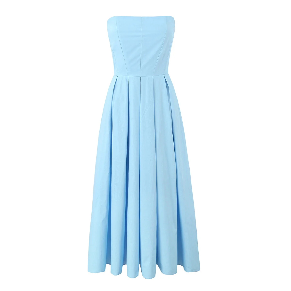 2024 Sexy Light Blue Slash Collar Backless Midi Long Strapless Dress Women High Waist Pleated Ruched Hem Swing Robe Party White