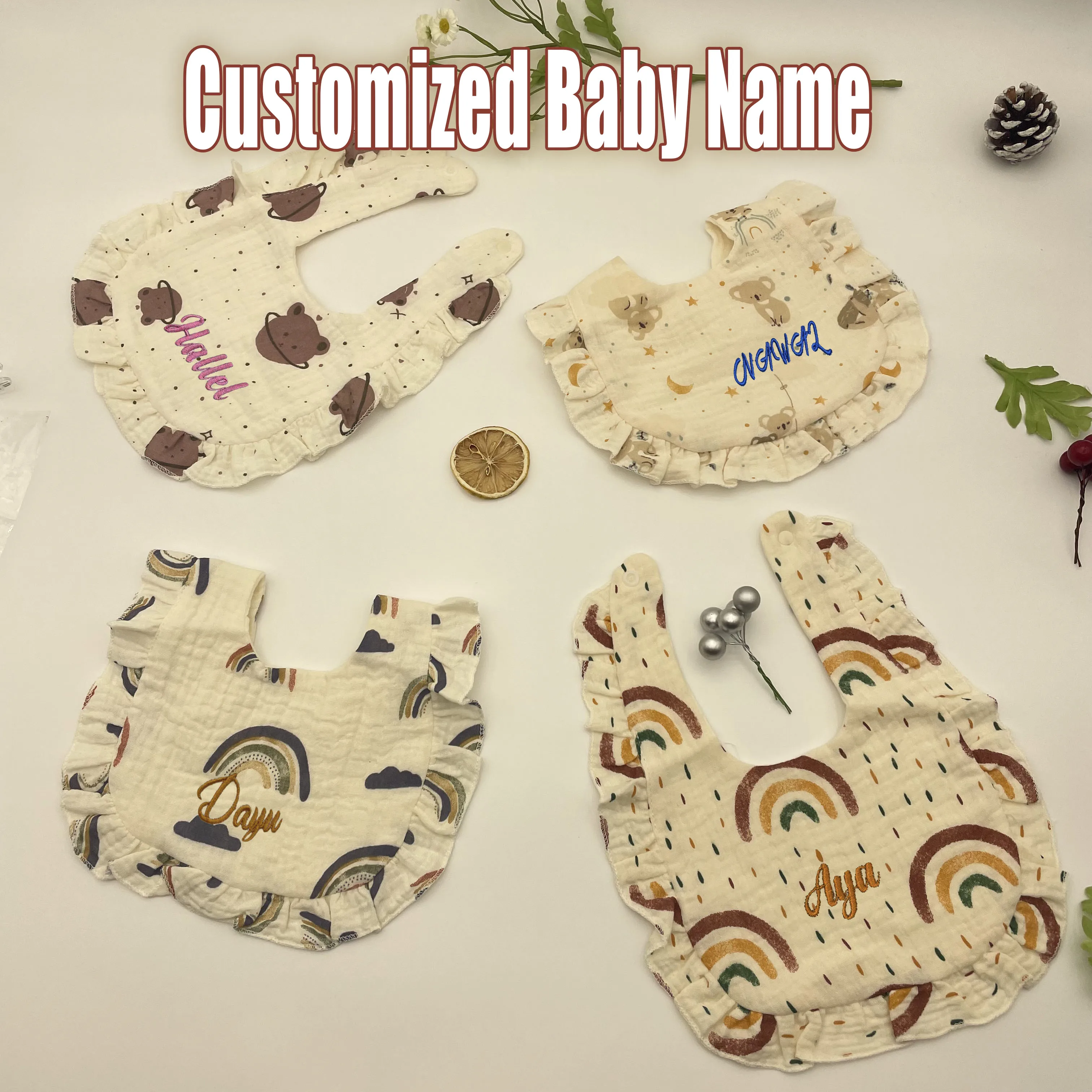 

Customized Apron For Baby Accessories Kid Newborn Girl Clothing Baby Cotton Bib Waterproof Scarf for Boys Custom Baby Bibs Gift