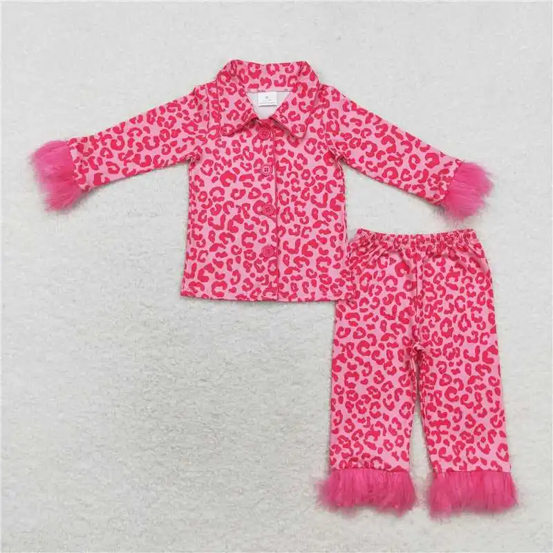 Winter Fashion Baby Girls Santa Claus Snowflake Pink Plush Edge Long Sleeve Long Pajama Set Wholesale Boutique Children RTS