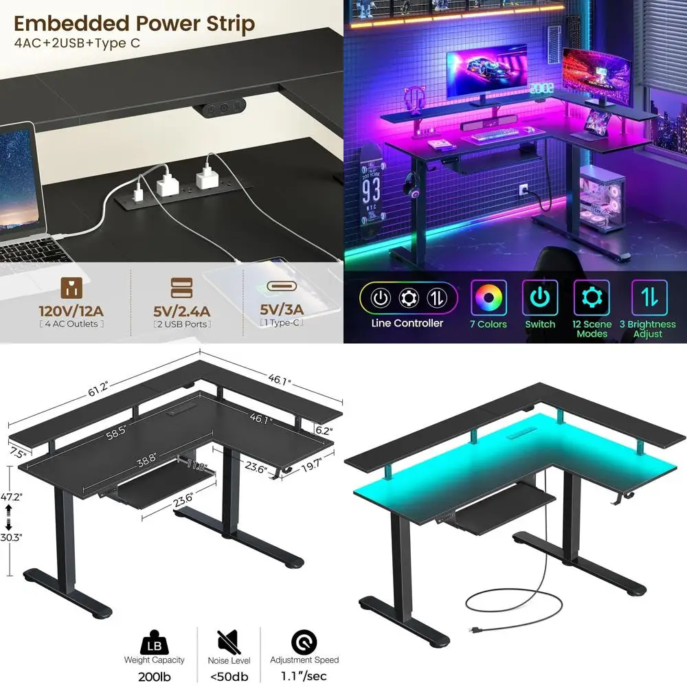 

Электрический регулируемый по высоте L-образный стол со светодиодной подсветкой и розеткой, черный