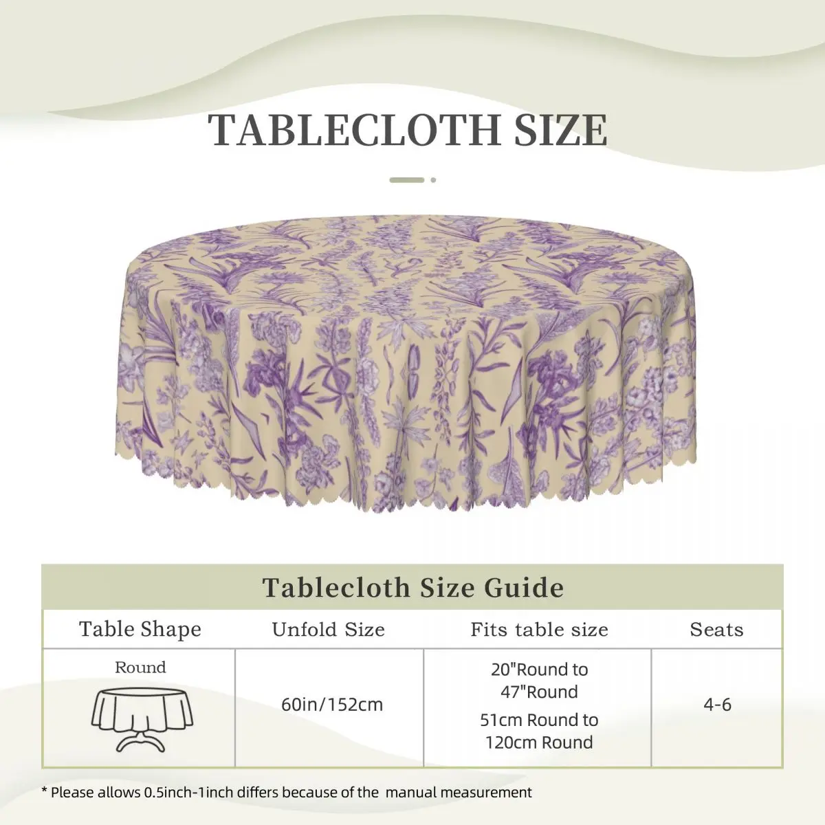 Custom Purple Flower Toile De Jouy Tablecloth Round Oilproof Floral Inspired Pattern Table Cloth Cover for Banquet 60 inches image 6