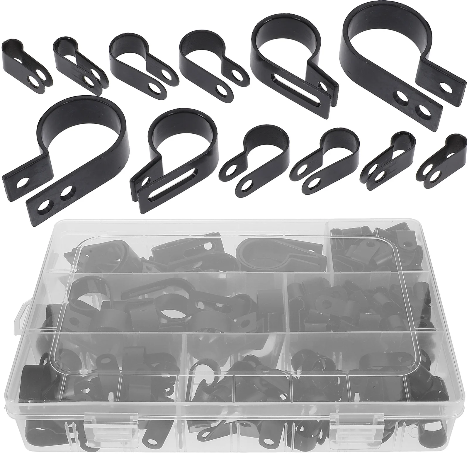 

200Pcs Black Plastic P Clips Wire Clamps Assortment Kit Durable Compact Easy to Carry for Wires Cables Cable Clamps 1/2