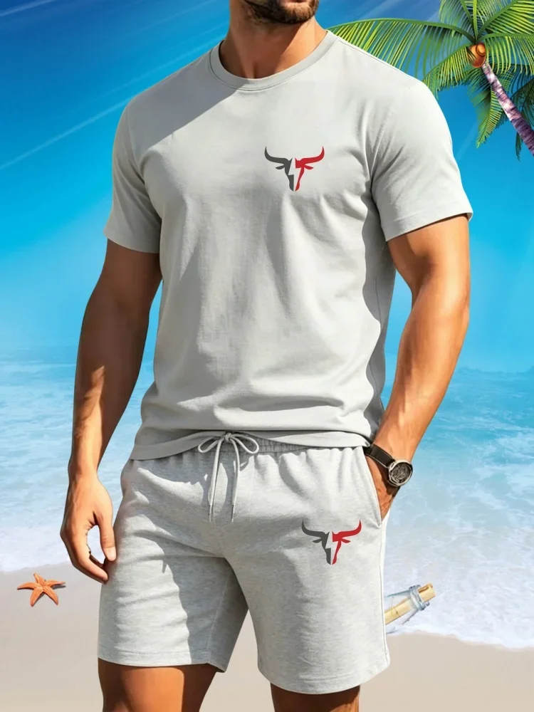

Summer New Men's Fashionable Casual Loose Cow Head Print Sports Comfortable Round Neck Short Sleeved T-shirt Shorts Set