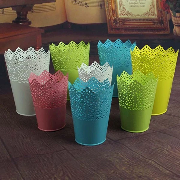 

Artificial Flower Vase Desk Organizer Plant Pot Holder Pens Pencils Makeup Brush Storage Business Cards Home Decor Lace Hollow