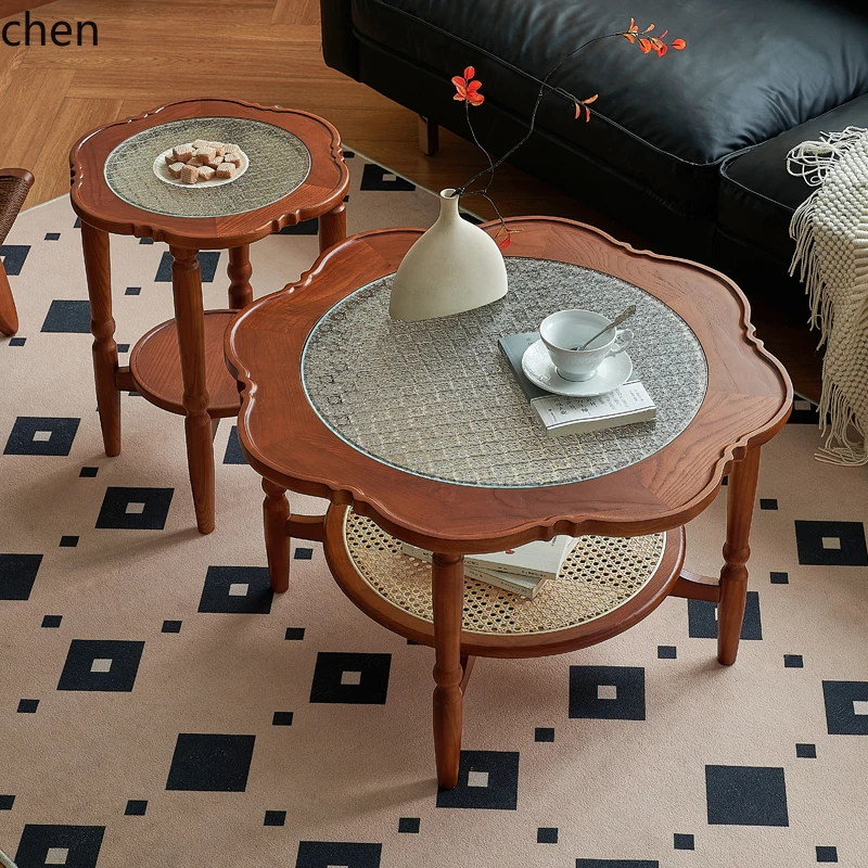 

WL retro rattan coffee table solid wood living room household round glass flower modern small apartment