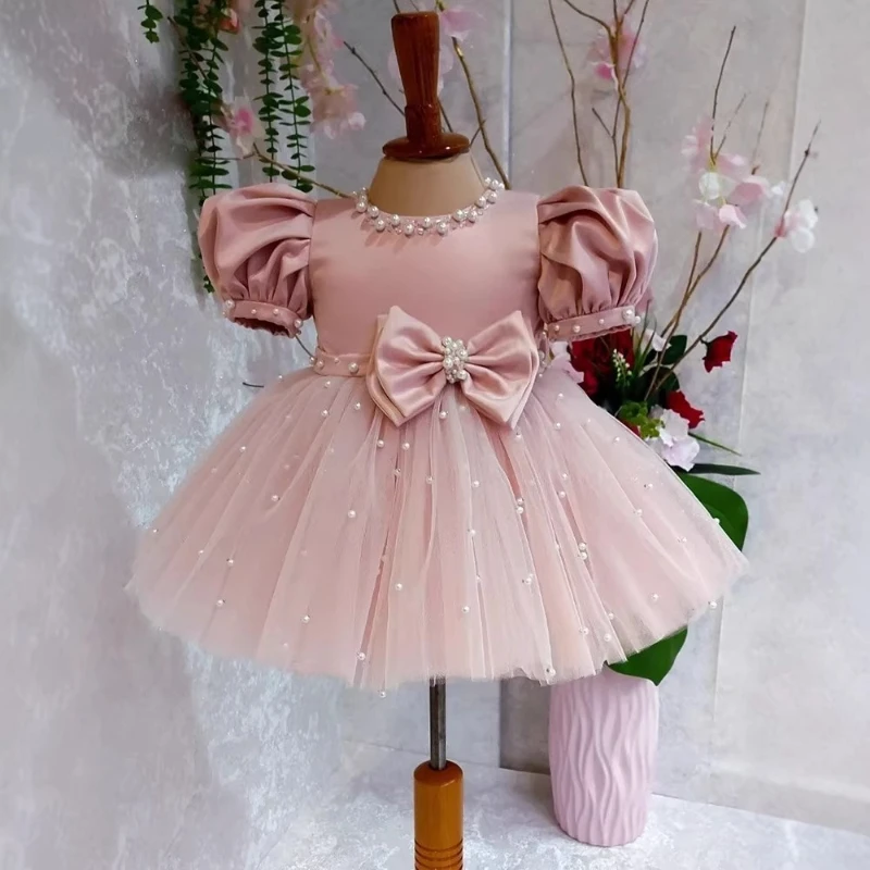 2026 Pink Puff Sleeve Party Handmade Beaded Bow Kids Flower Girl Wedding Formal Gown for Girls Princess Dress First Birthday