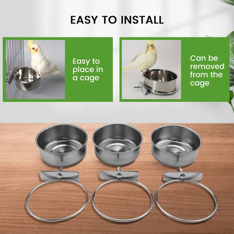 3-Piece Bird Feeder Cup Stainless Steel Parrot Feeder Cup Animal Cage Water Food Bowl S