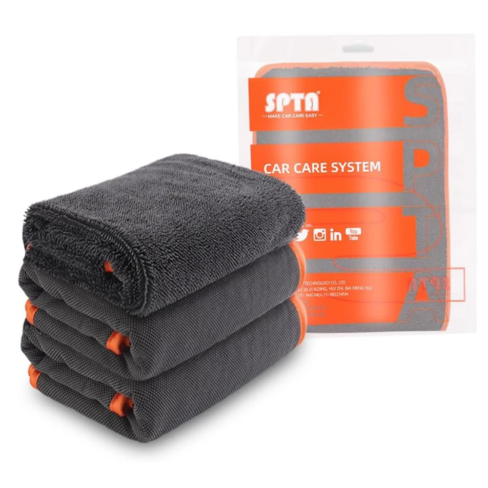 SPTA 3PCS Orange Edge Gray Microfiber Car Twist Pile Rapid Drying Towels Cleaning Cloth 600 GSM  for Car Detailing Washing