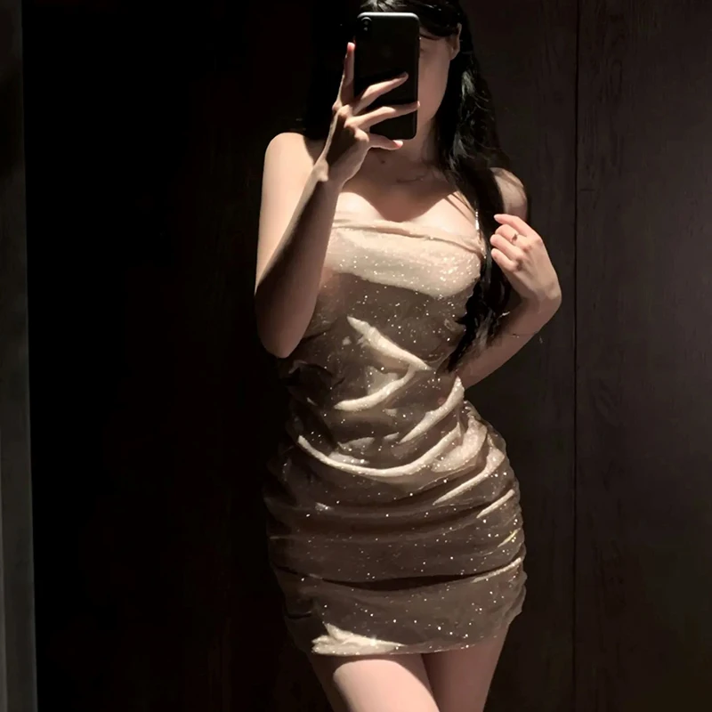 Lencería sexy para mujer, vestido de noche brillante sin mangas para fiesta y club, vestido con tirantes