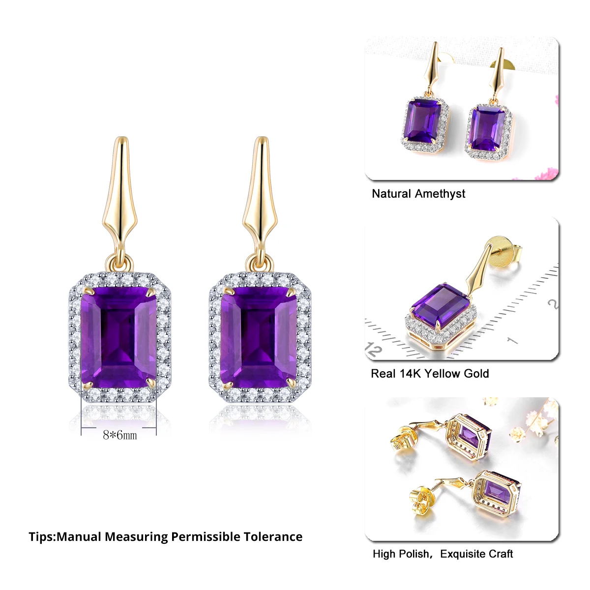 Lohapsie Natural Amethyst Stud Earrings Real 14K Yellow Gold 3.7 Carats Genuine Gemstone Romantic Luxury Style Fine jewelry