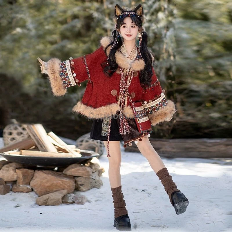 ملابس قطنية شتوية للفتيات التبتية المحسنة يوميًا لعام 2025، ملابس هان الصينية المطرزة على الطراز العرقي hanfu، ملابس السفر العصرية