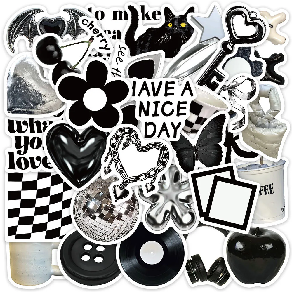 

10/30PCS Cartoon Black And White Cute Stickers INS Aesthetic Kawaii For DIY Toy Kid Travel Luggage Fridge Decal Graffiti Sticker