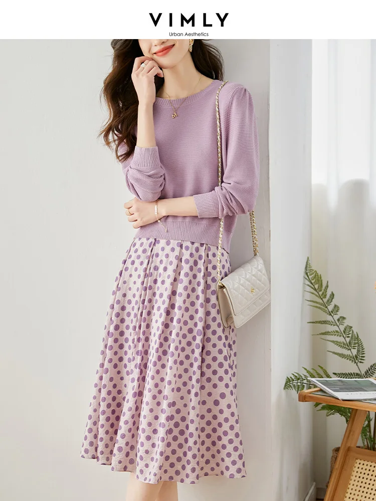 Vimly Korean Fashion Outfit Two Piece Skirt Sets for Women Spring 2023 New Purple Knit Sweater Polka Dot Skirts Clothes V7759