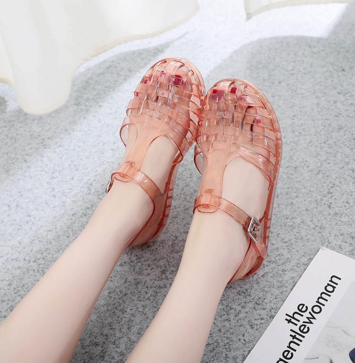 Summer Women Crystal Jelly Roman Sandals Fairy Style Flat Soft-Soled Beach Sandals Lady Hollow Out Casual Shoe Everyday Sandals