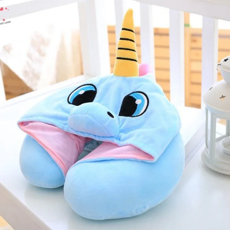 New U Shaped Neck Pillow for Airplane Travel Adults and Kids Travel Pillow Unicorn Cat Owl Pig Fox Memory Foam Hooded Pillows