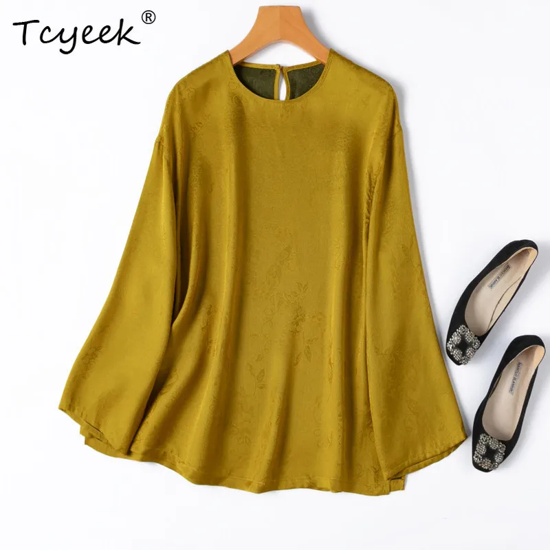 

Tcyeek 100% Real Silk Women T Shirt 2026 Spring Autumn Golden Skin-friendly Loose Long-sleeved Top Ladies Clothing Ropa De Mujer
