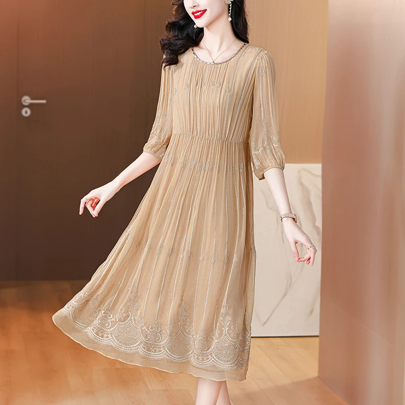 

2025 Casual Luxury Floral Embroidery Natural Silk Midi Prom Summer Vintage Loose Wedding Dress Elegant Women Party Evening Dress