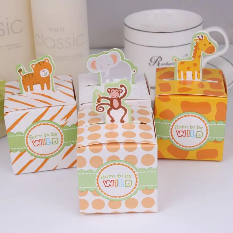 New Design 20Pcs/lot Giraffe/Elephant/Monkey/Tiger Animals Baby Shower Favors Birthday Party Decor Candy Boxes Gift for Kids