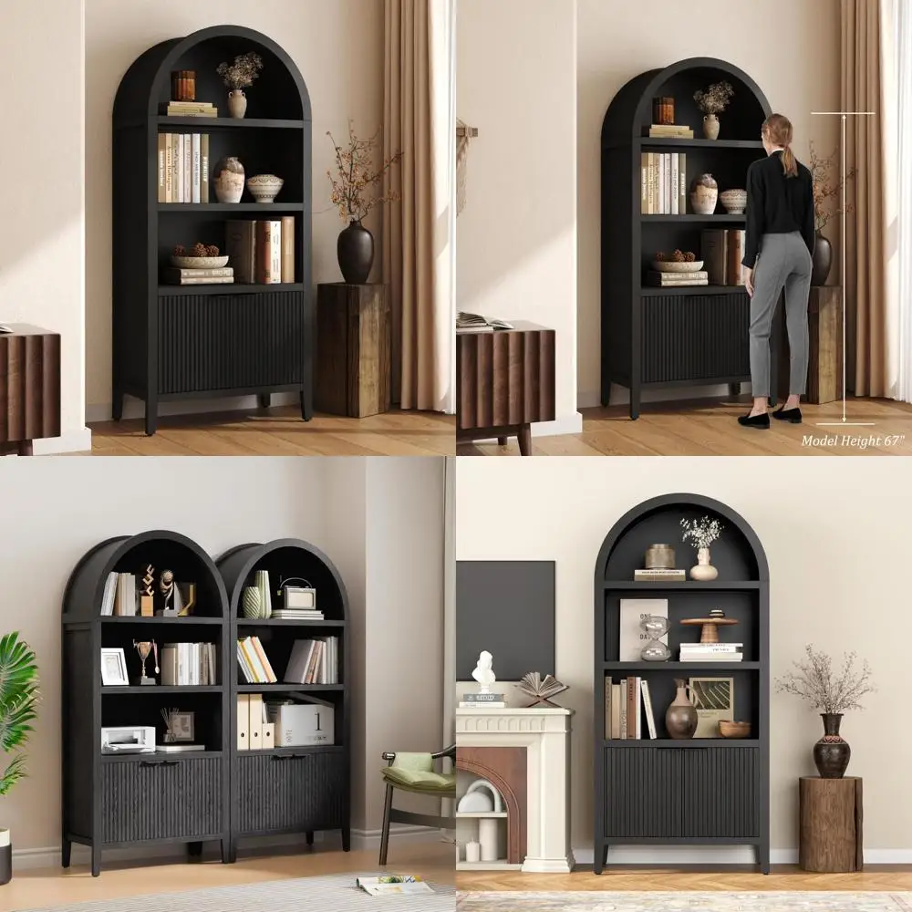 5-Tier Tall Arched Black Bookshelf with Fluted Doors and Shelving, Display Cabinet for Home and Office
